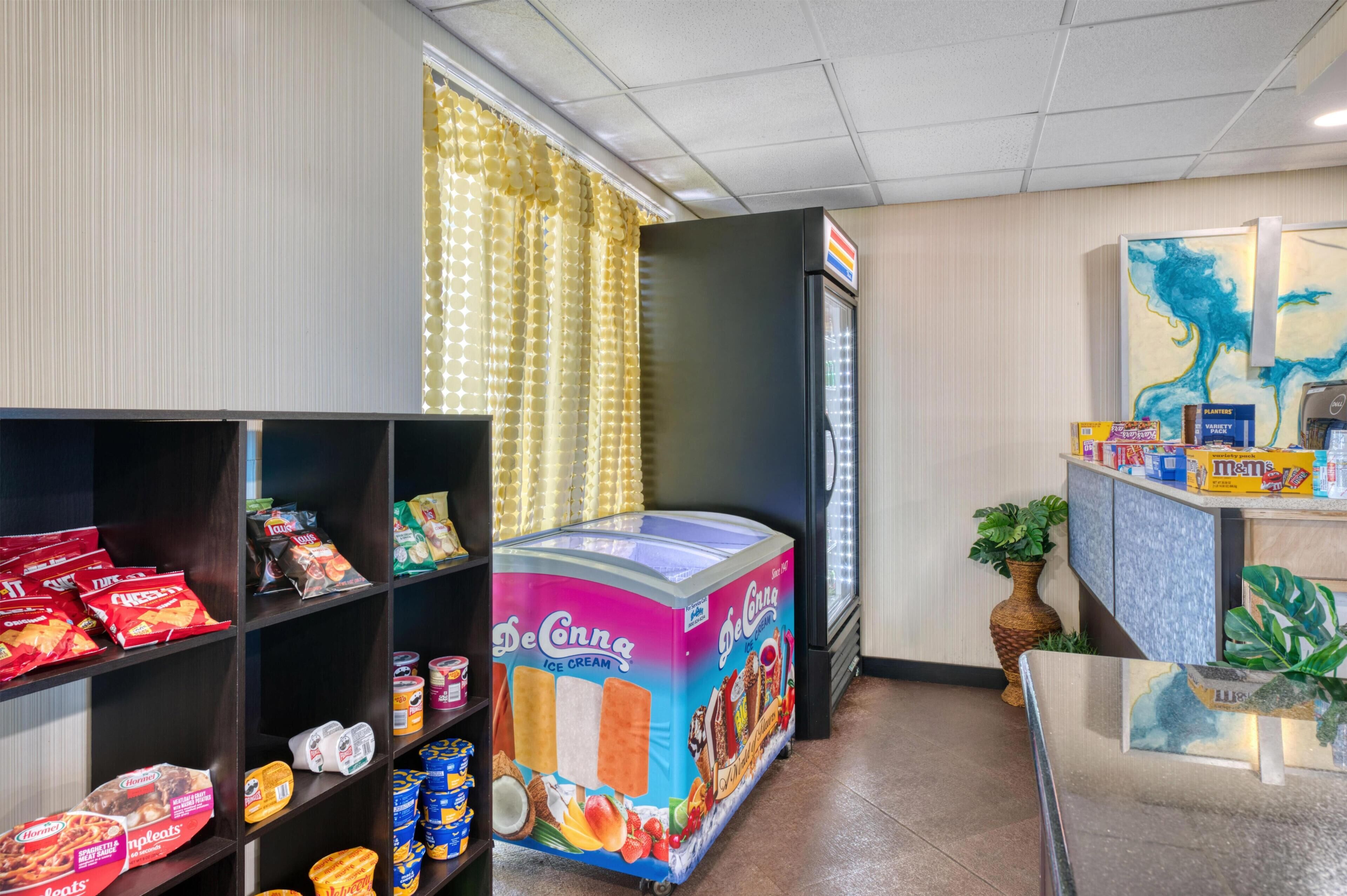 A hotel lobby with a De'Longhi ice cream machine, snack shelves, a refrigerator, and a plant.