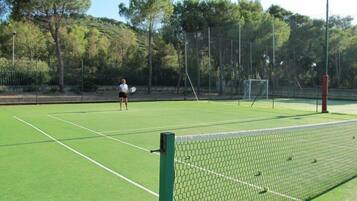 A tennis court with a net, surrounded by trees and a fence.