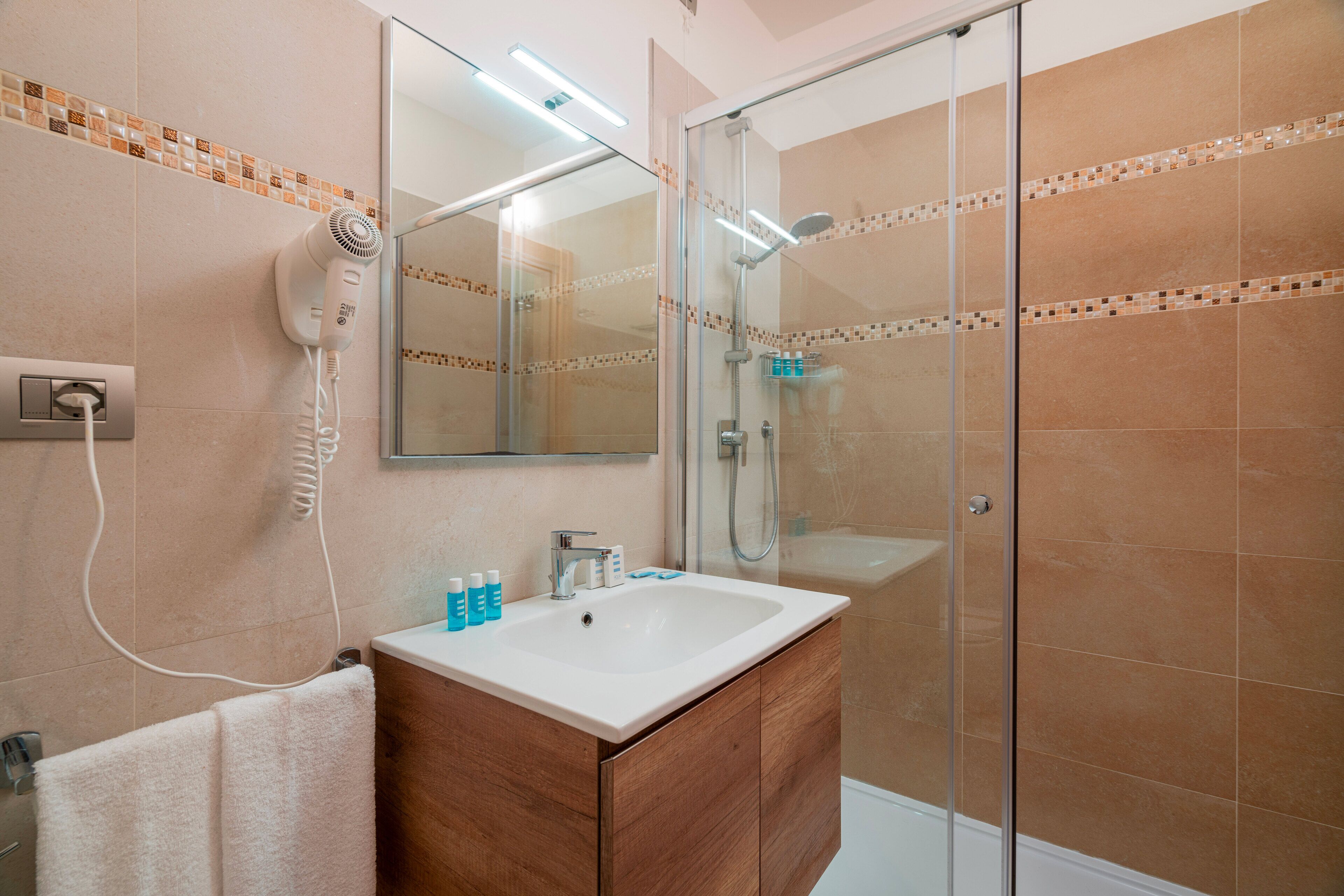 shower, hair dryer, bidet, towels