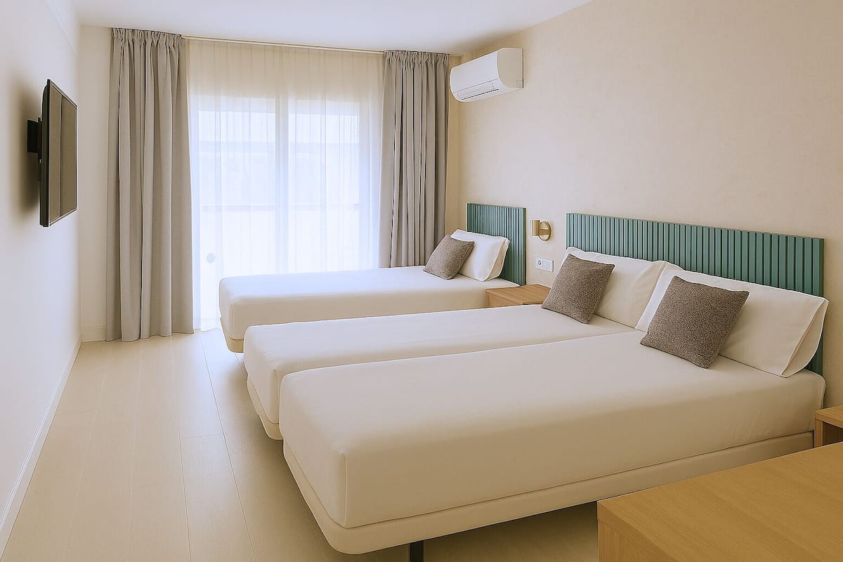 Une chambre d’hôtel avec deux lits, une télévision, un climatiseur et une fenêtre avec des rideaux.