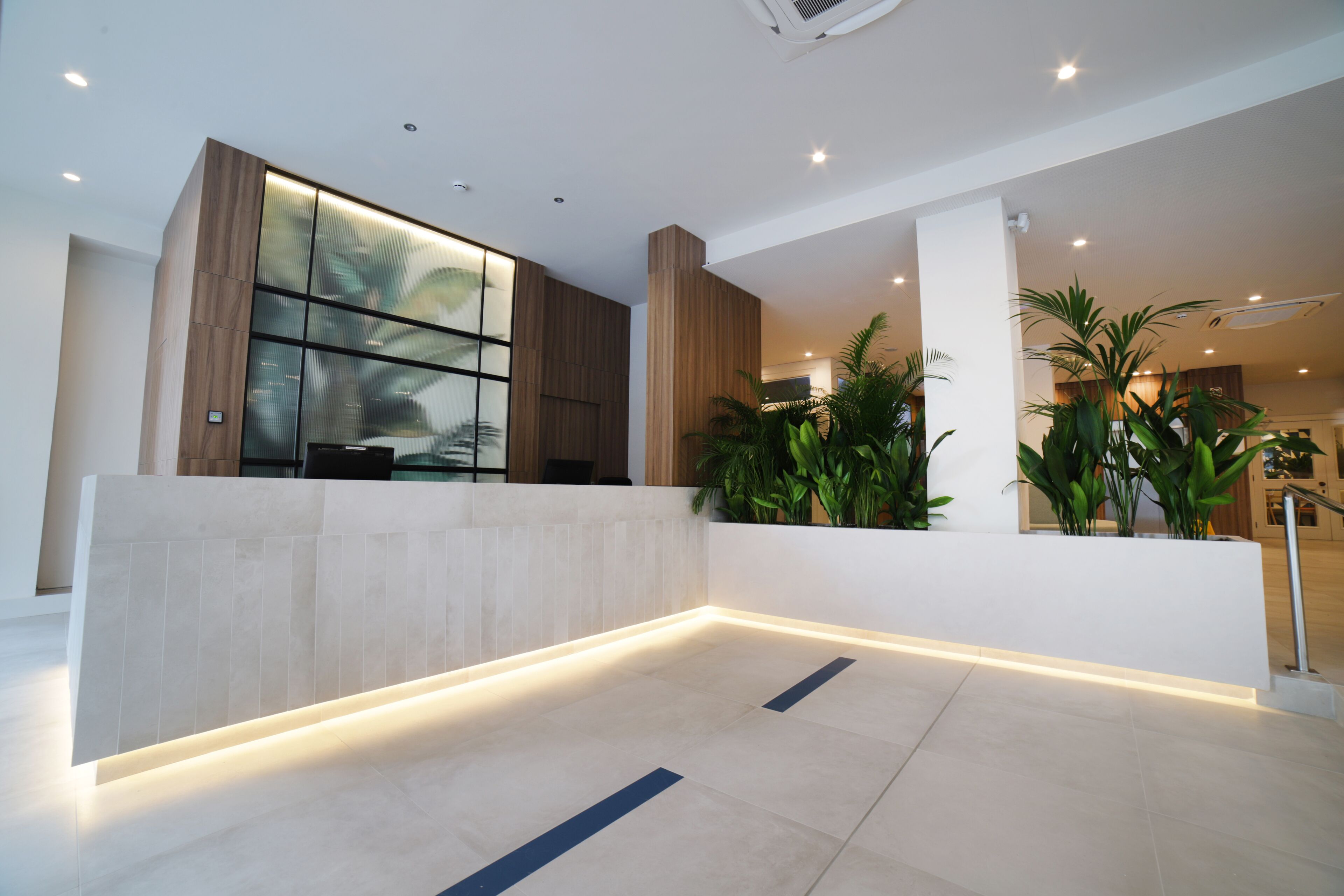 Un espace d’accueil moderne avec une cloison en verre, des éléments décoratifs en bois et des plantes en pot.