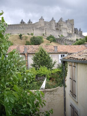 Un castillo de piedra histórico con múltiples torres, rodeado de un muro fortificado.