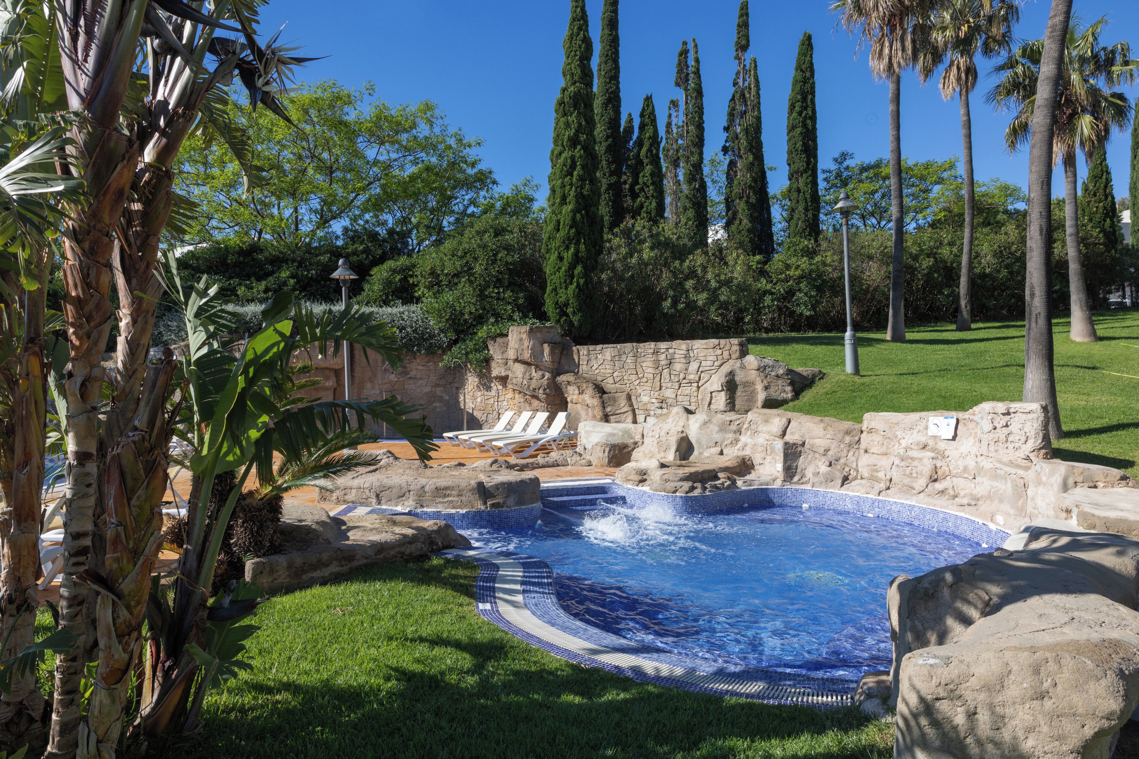 Ein Pool mit Steinmauer und Palmen.