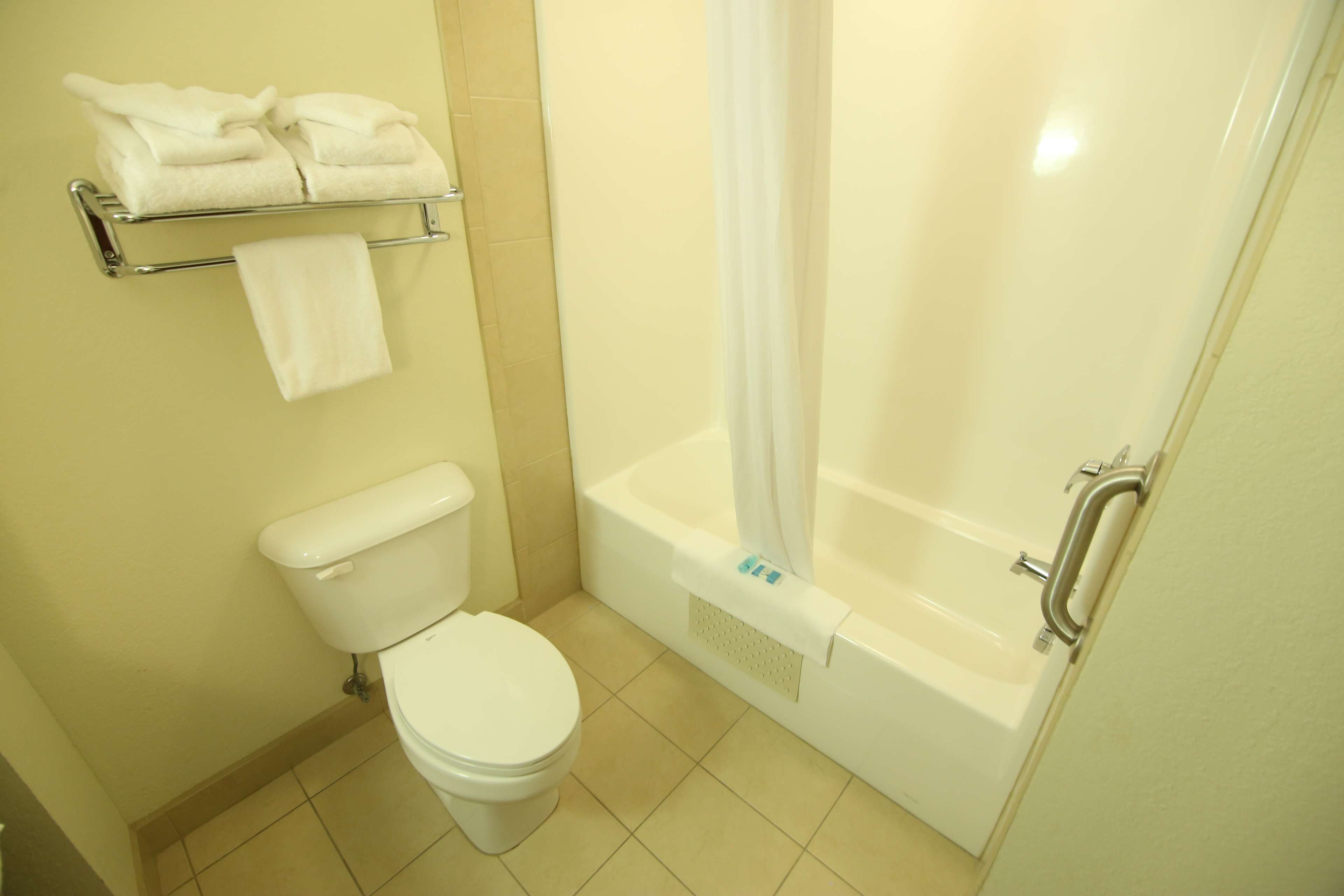 combined shower/bathtub, free toiletries, hair dryer, towels