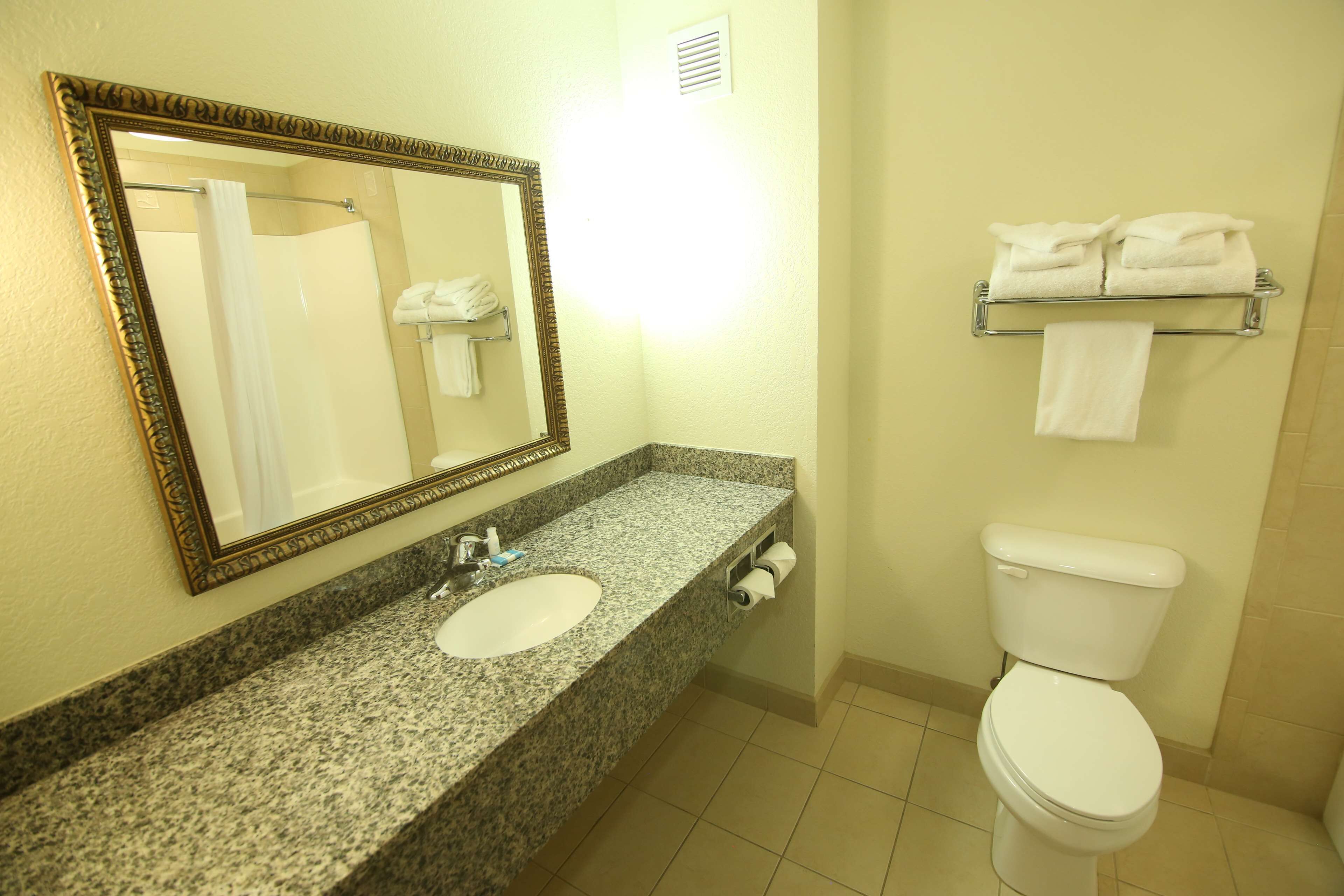 combined shower/bathtub, free toiletries, hair dryer, towels