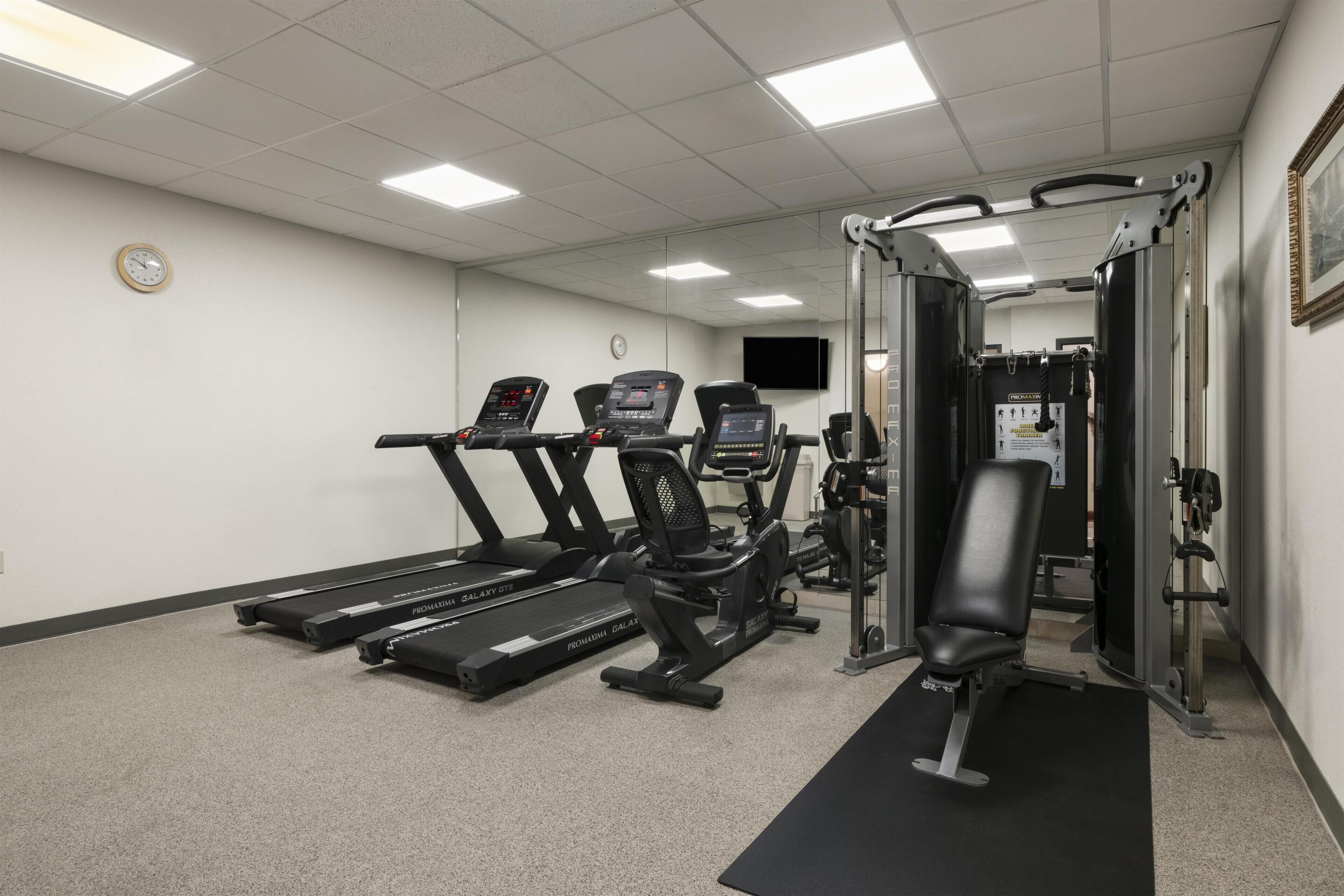 Et fitnessrum med løbebånd, en motionscykel og en vægtbænk.