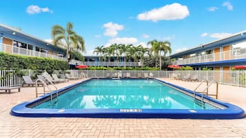 Outdoor pool, pool umbrellas, pool loungers