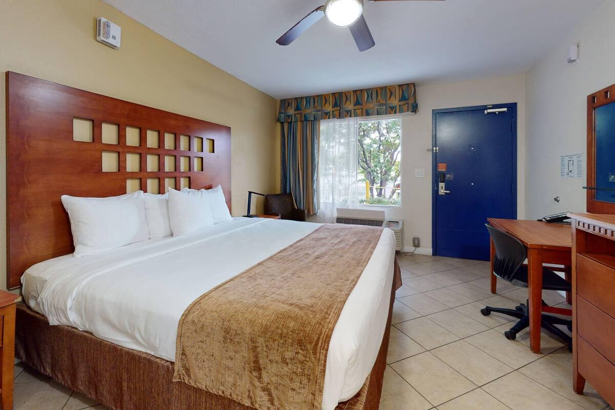 Een hotelkamer met een groot bed, een bureau, een stoel, een plafondventilator en een raam met gordijnen.