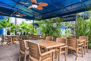 Outdoor pool, pool umbrellas, pool loungers