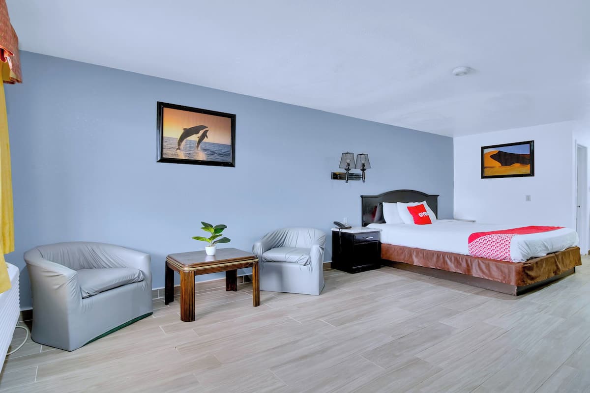 A modern hotel room with a bed, two armchairs, a small table with a plant, and two wall-mounted lamps.