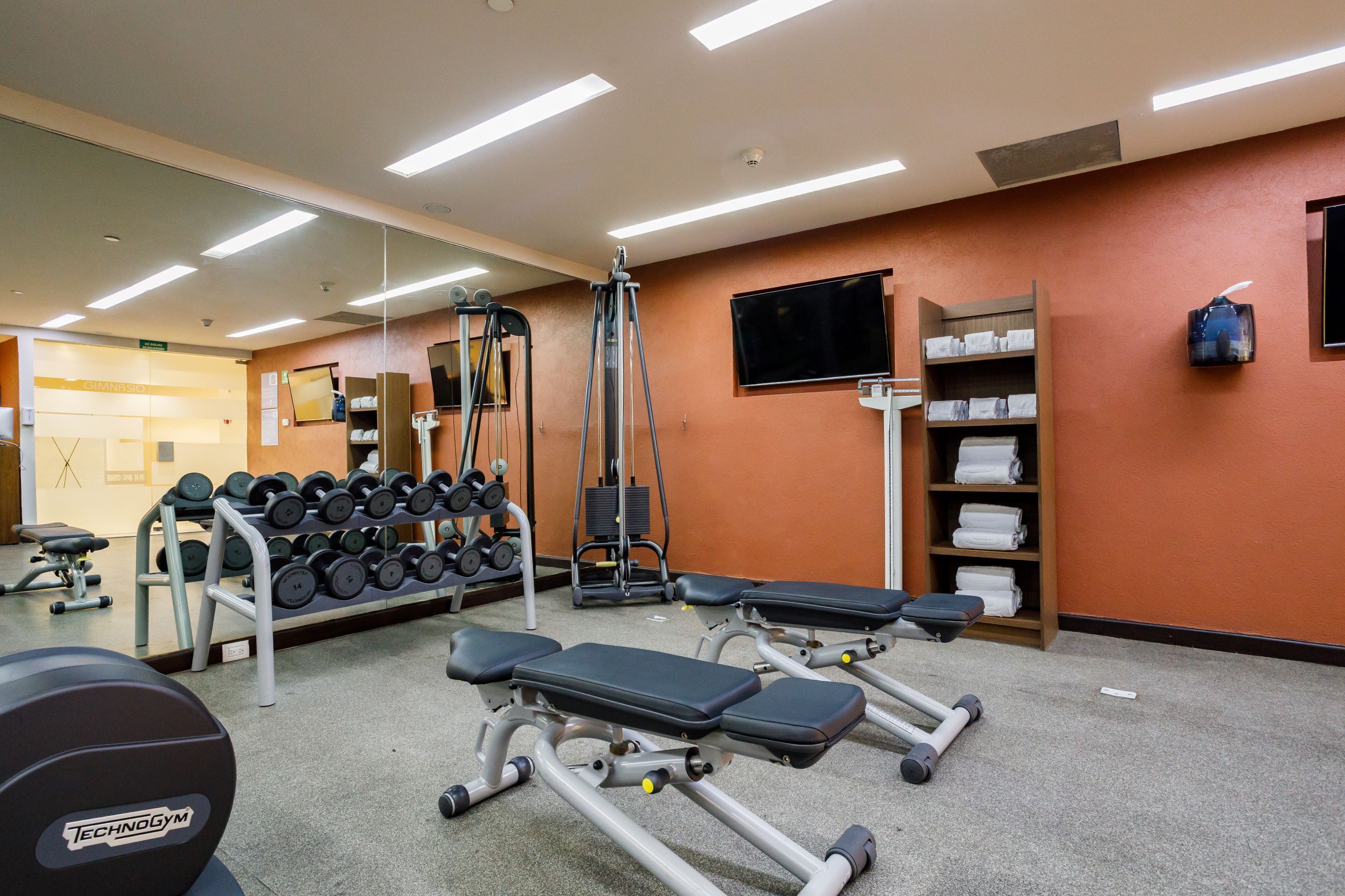 Un gimnasio con equipamiento de ejercicio, un televisor y un espejo.