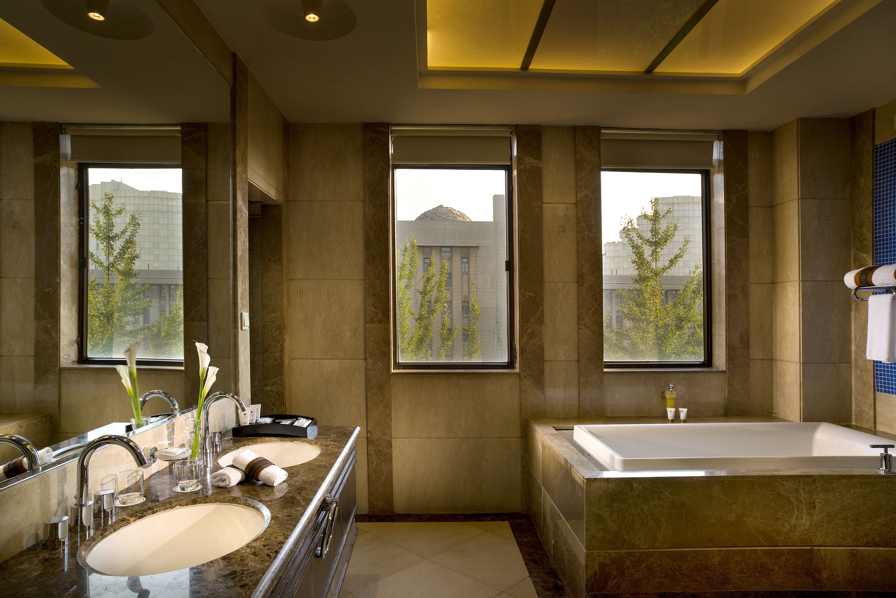 separate bathtub and shower, designer toiletries, hair dryer, bathrobes