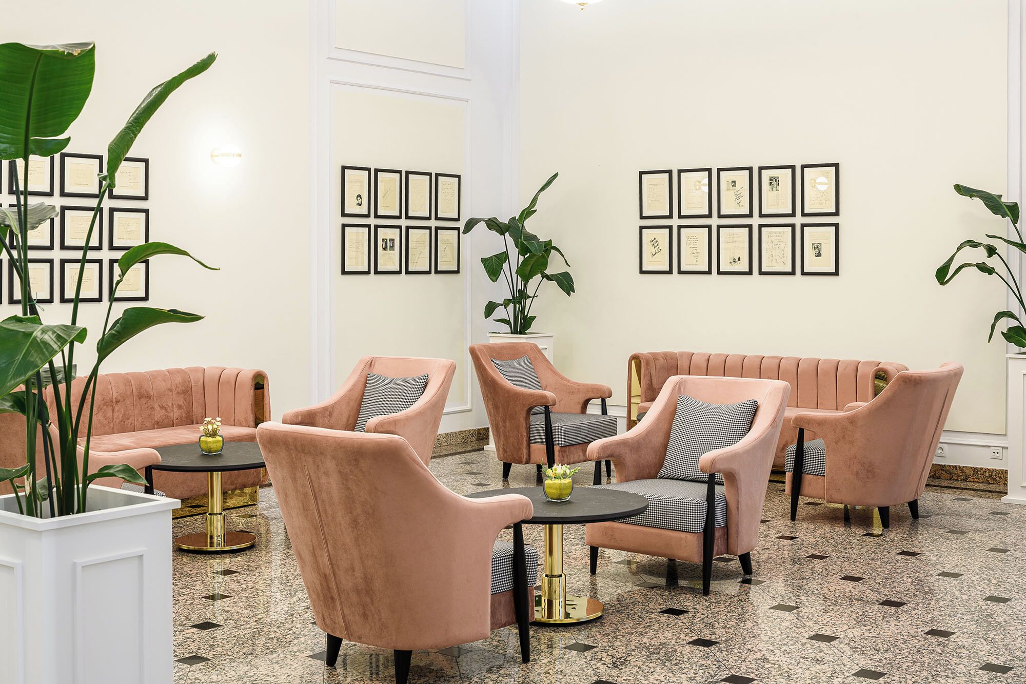 Un espace détente avec un canapé rose, des fauteuils assortis et une table basse. Des certificats encadrés sont accrochés au mur, et des plantes en pot sont disposées dans la pièce.