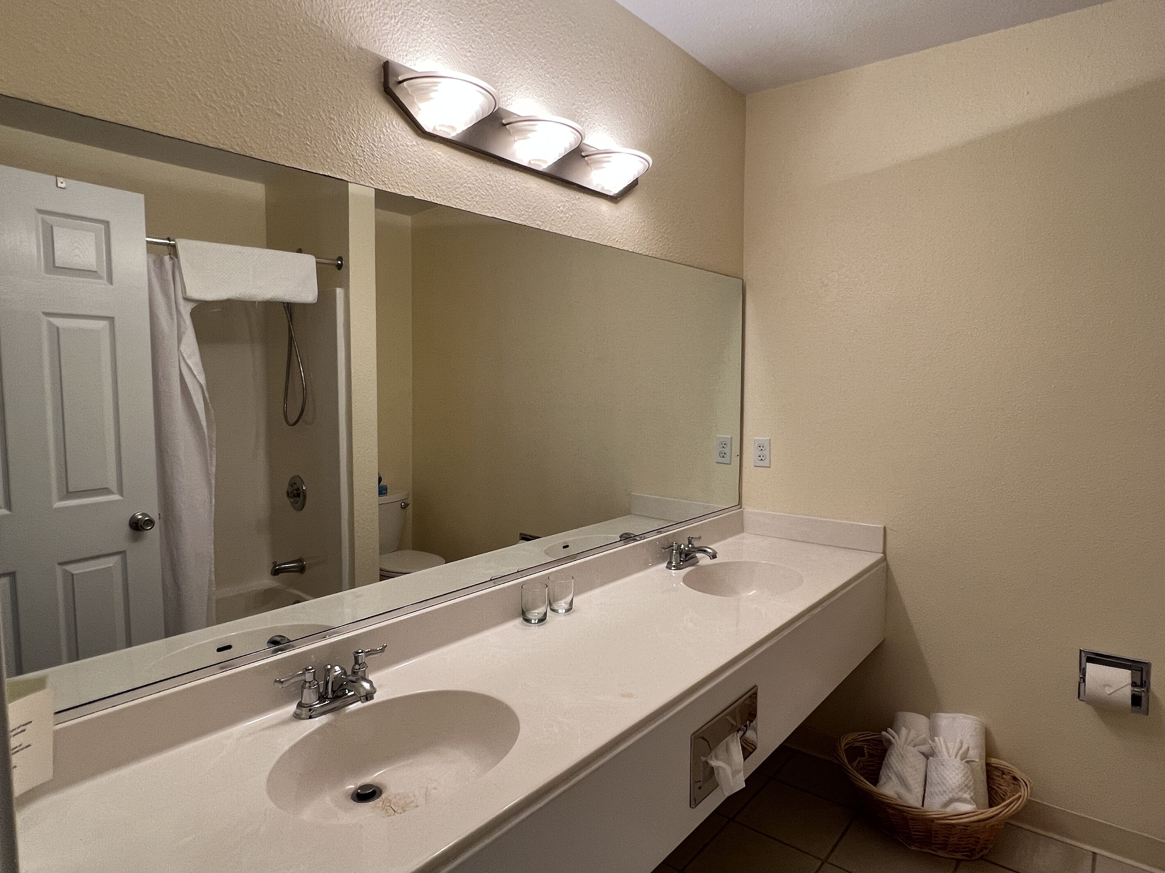 A bathroom with two sinks, a large mirror, and a towel rack.
