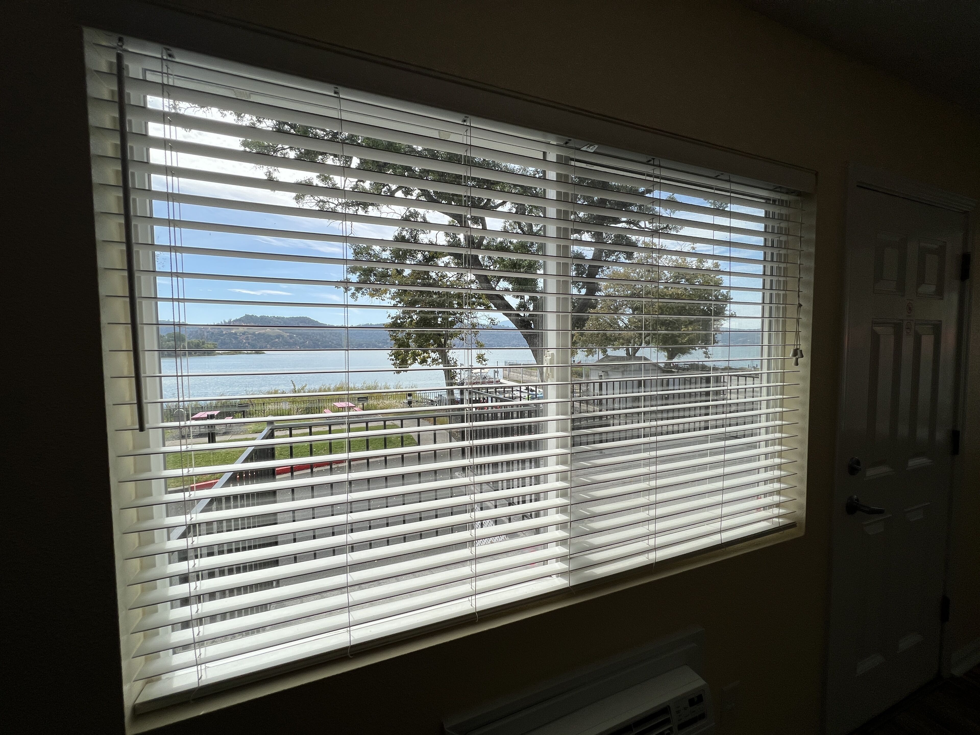 A window with horizontal blinds, a view of a lake, and a tree.