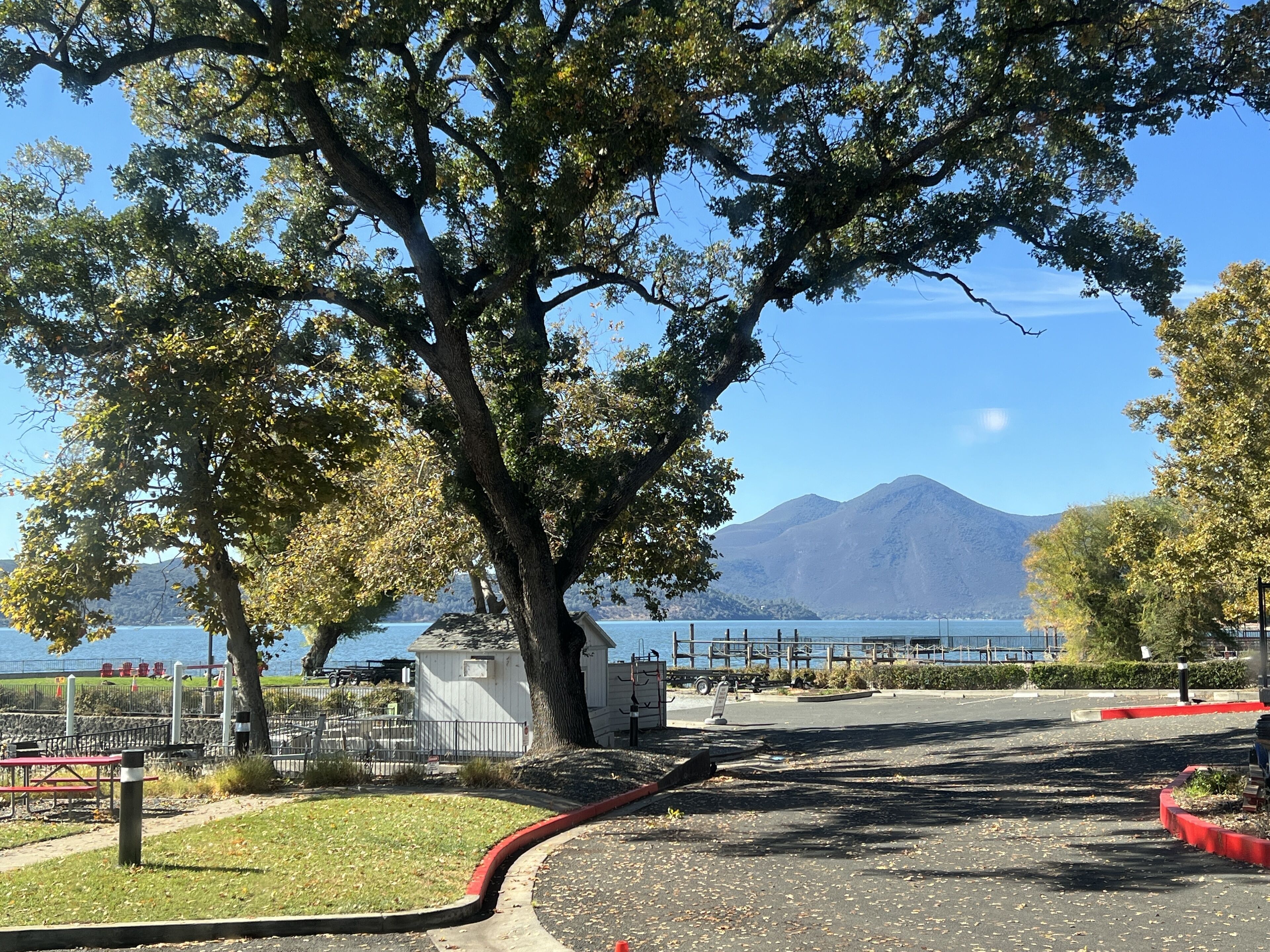 Un parque con un árbol grande, un área de juegos y vistas a un lago y montañas.