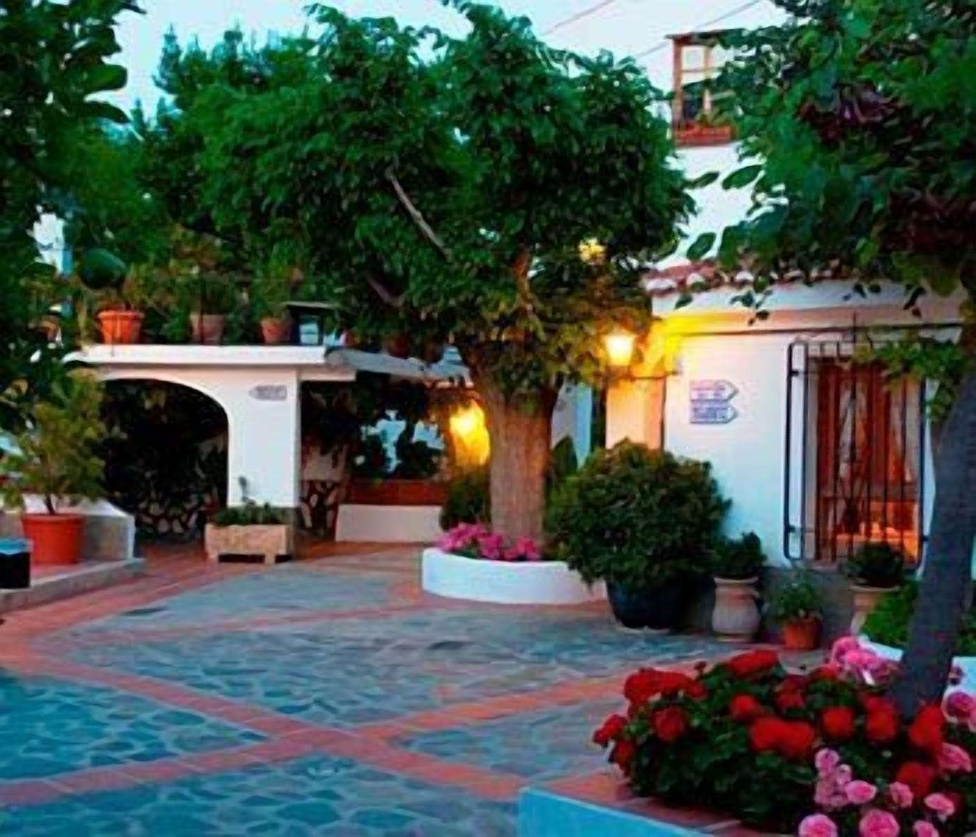 A courtyard with a pool, potted plants, and a building with a sign.