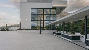 Un edificio moderno con ventanas amplias, techo plano y un espacio exterior cubierto con plantas.