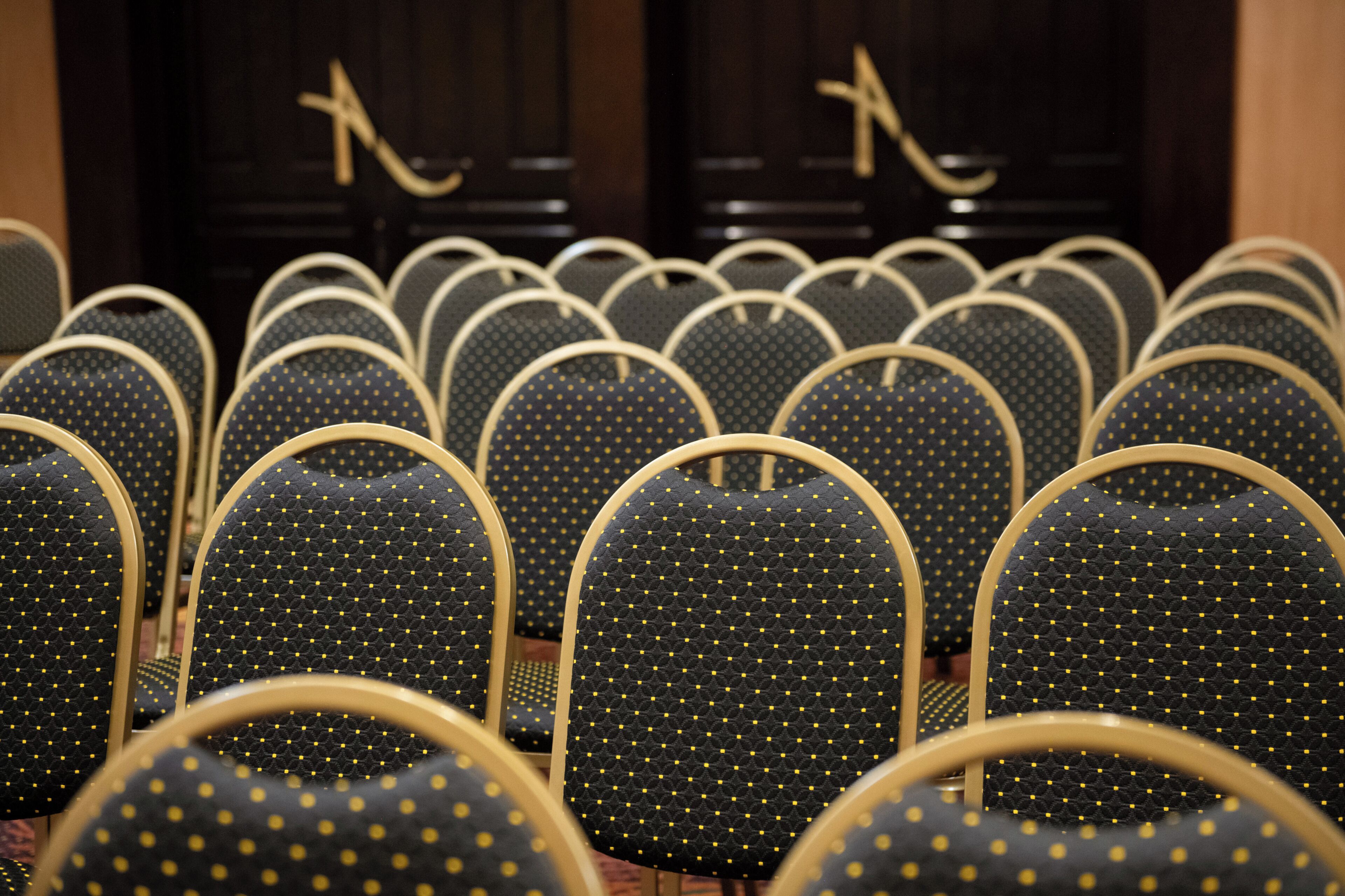 Rows of uniformly arranged chairs with a consistent design, featuring a circular backrest and a curved frame.
