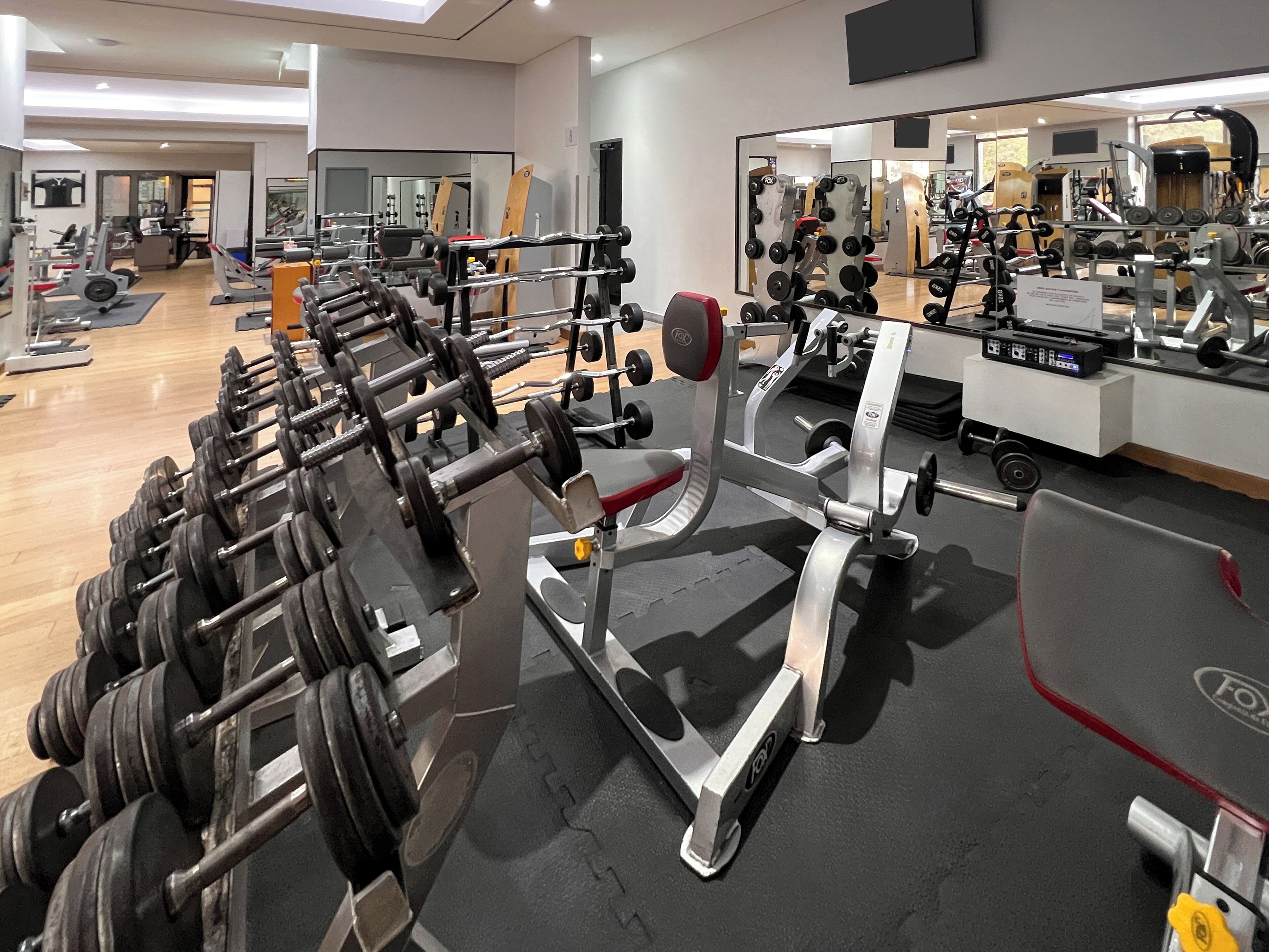 Un gimnasio con varios equipos de levantamiento de pesas, incluyendo mancuernas y discos, y un espejo que refleja los equipos.