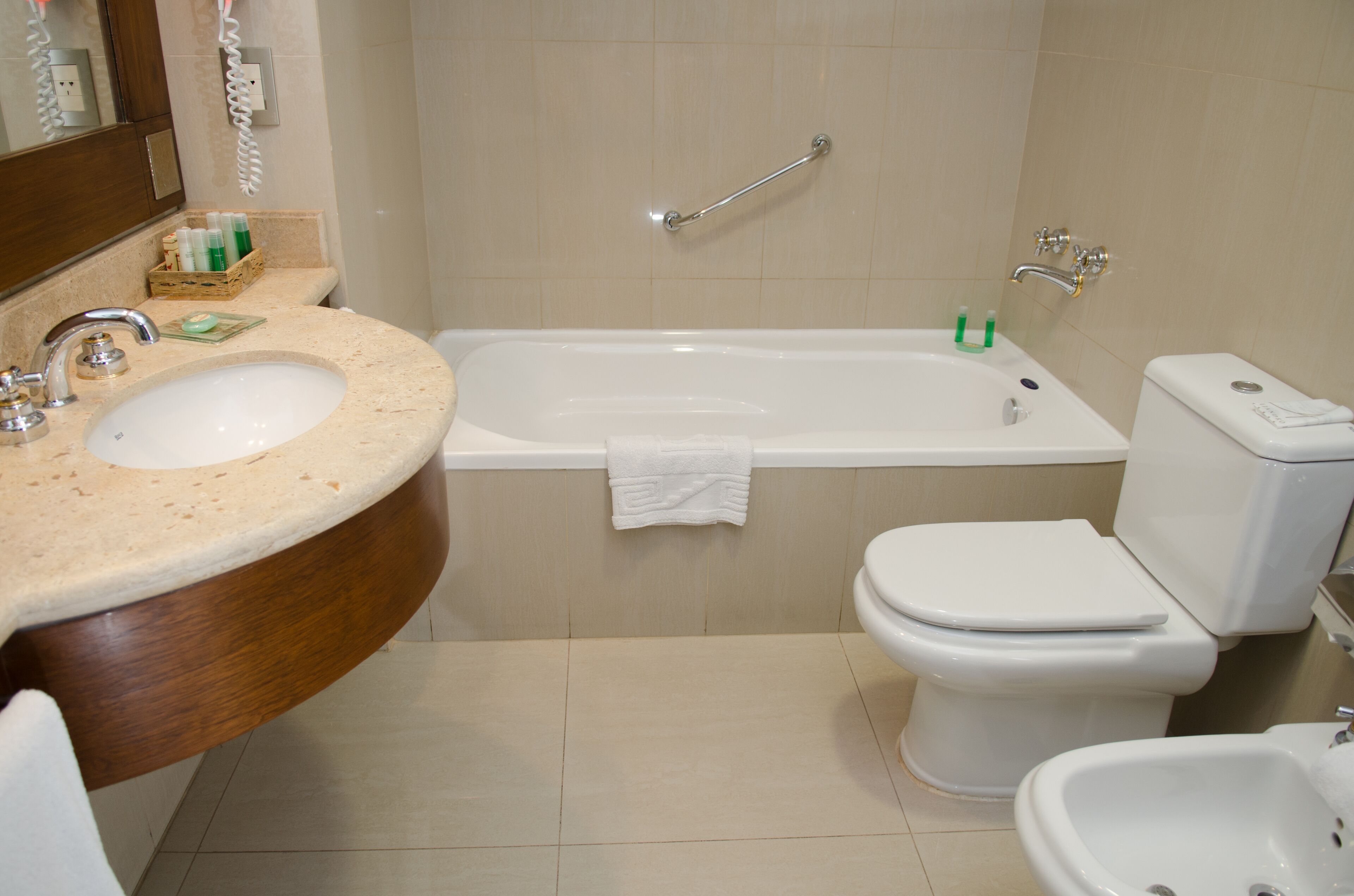 free toiletries, hair dryer, bidet, towels