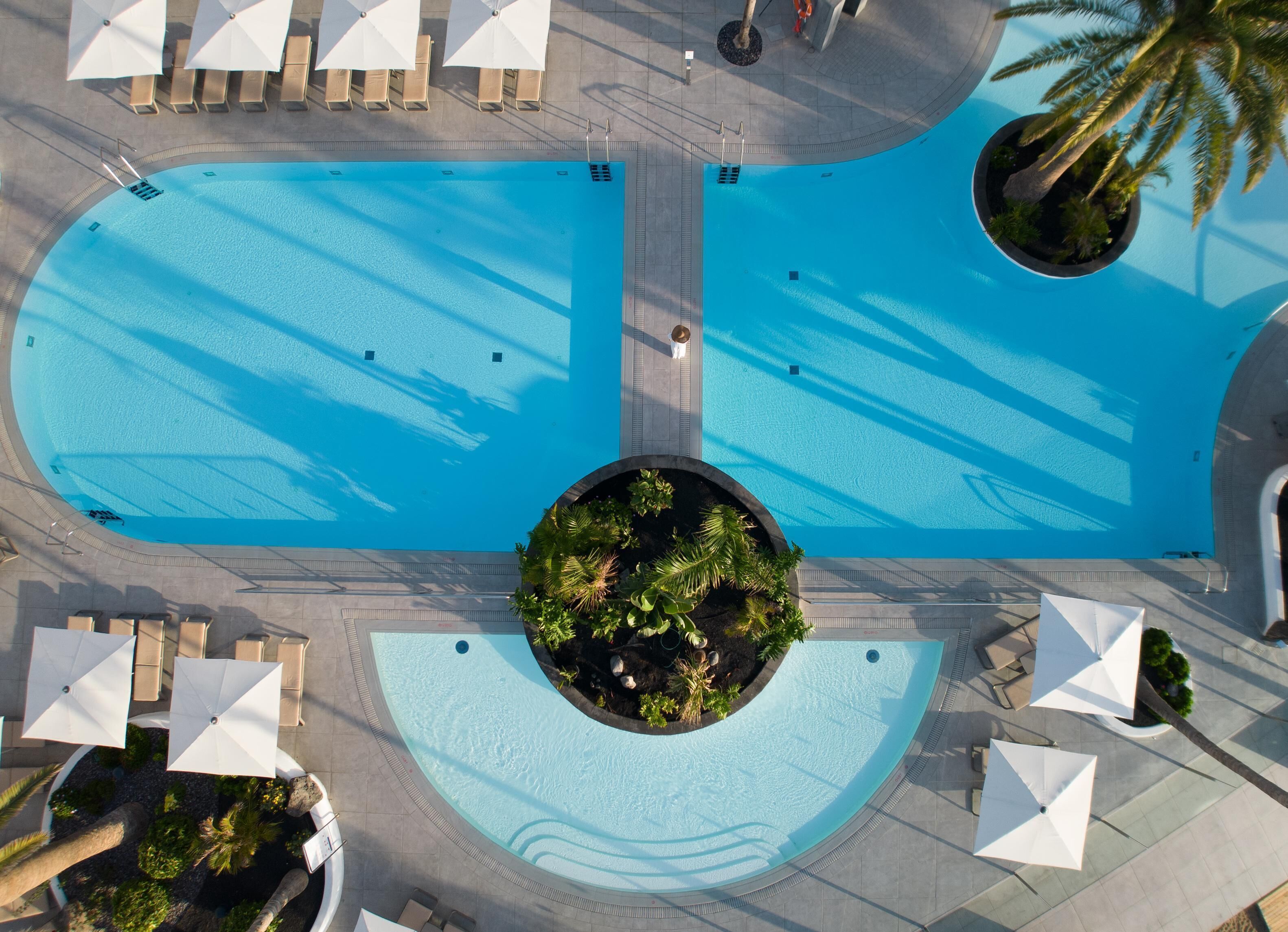 Vista aérea de una piscina con dos zonas diferenciadas, rodeada de sillas de descanso y sombrillas, y un área central ajardinada con plantas.