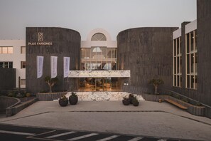 A modern hotel entrance with a central glass facade, large potted plants, and a prominent signage for 'Plus Fariones Suite Hotel'.