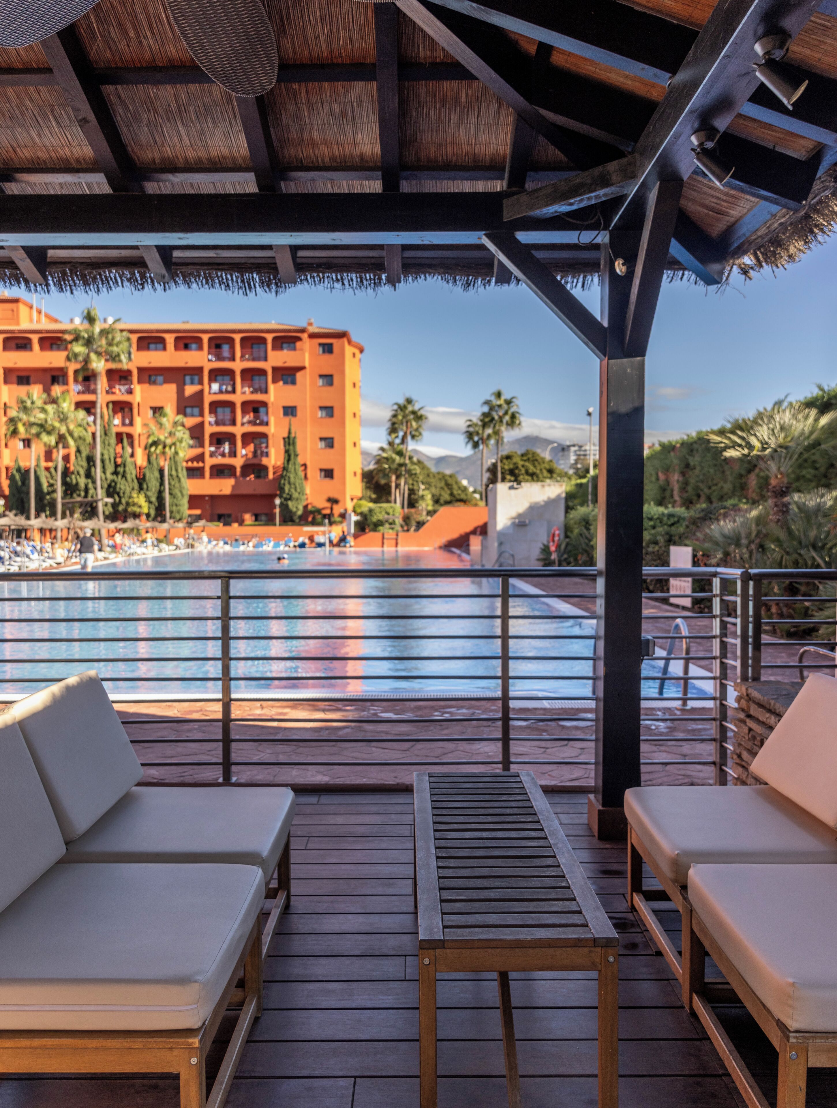 Indoor pool, seasonal outdoor pool, pool umbrellas, pool loungers