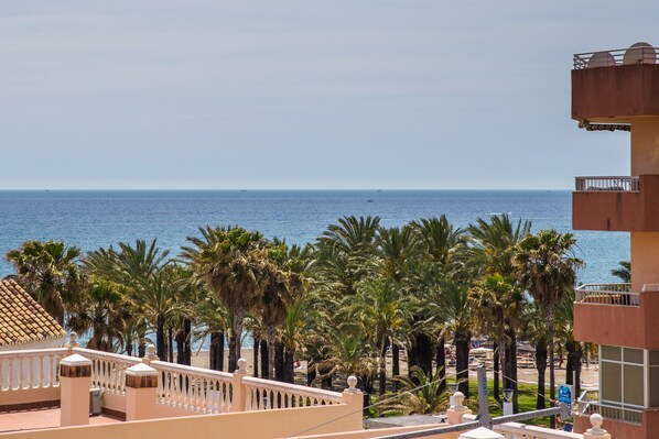 A coastal view with a building, palm trees, and the sea. - Bluesea Alboran (Torremolinos)