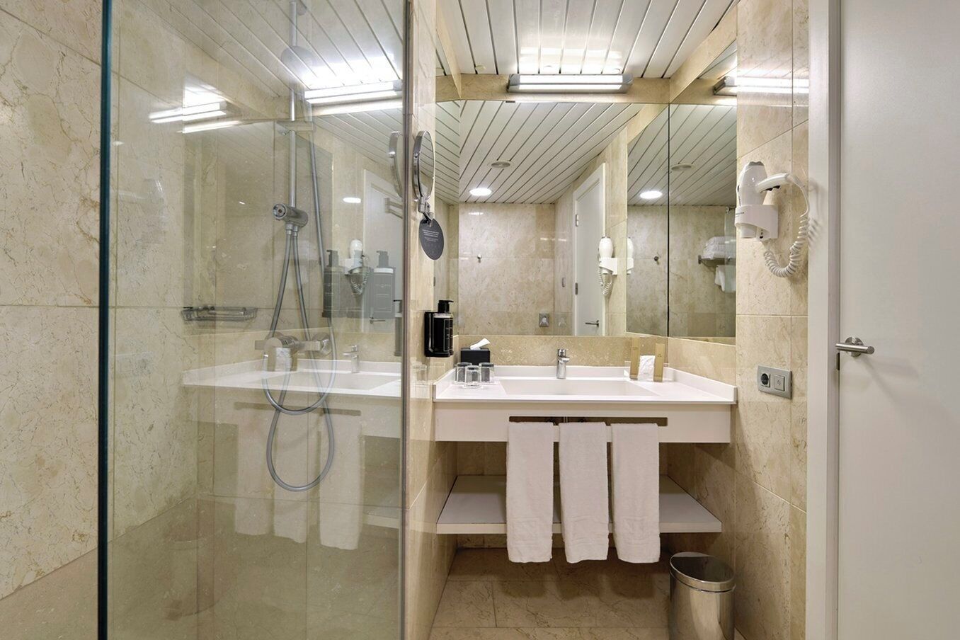 Une salle de bain moderne avec une douche à parois de verre, un lavabo blanc et un grand miroir.