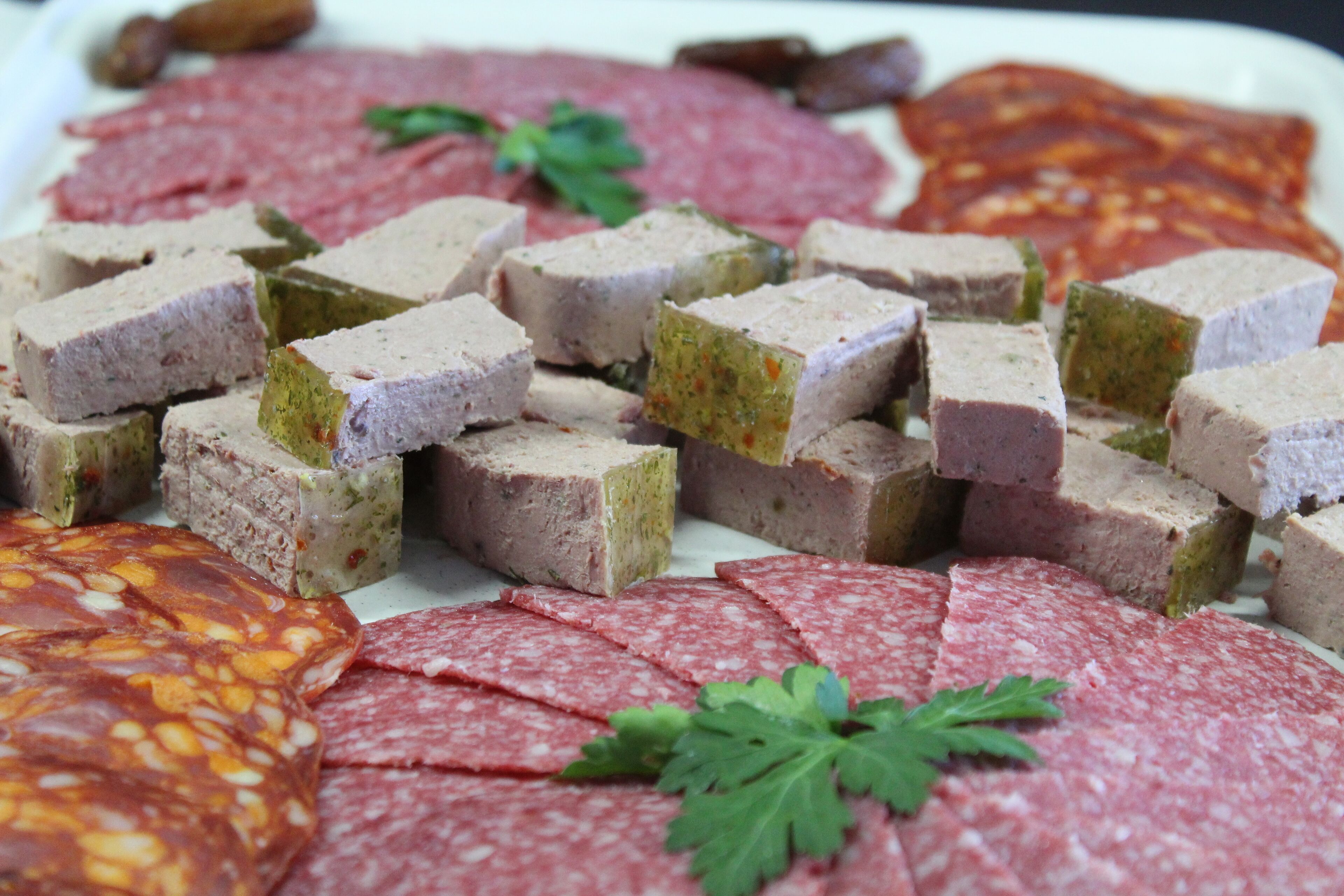 Una variedad de embutidos en rebanadas, incluyendo salami y paté, dispuestas en un plato.