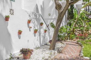A narrow brick pathway flanked by white walls with potted plants and a tree.