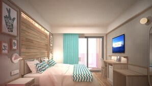 A modern hotel room with a bed, bedside table, desk, and a TV. - Hotel Ambassador Playa I (Benidorm)