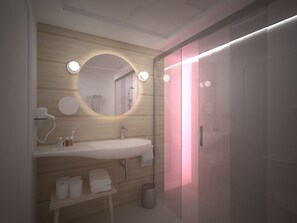 Duschwanne, kostenlose Toilettenartikel, Haartrockner, Handtücher