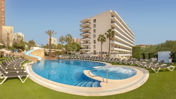 Indoor pool, outdoor pool, pool umbrellas, pool loungers