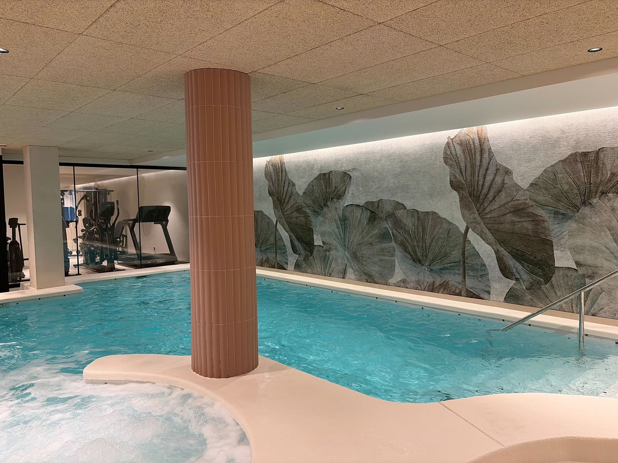 An indoor swimming pool with a textured wall mural, exercise equipment, and a clear water surface.