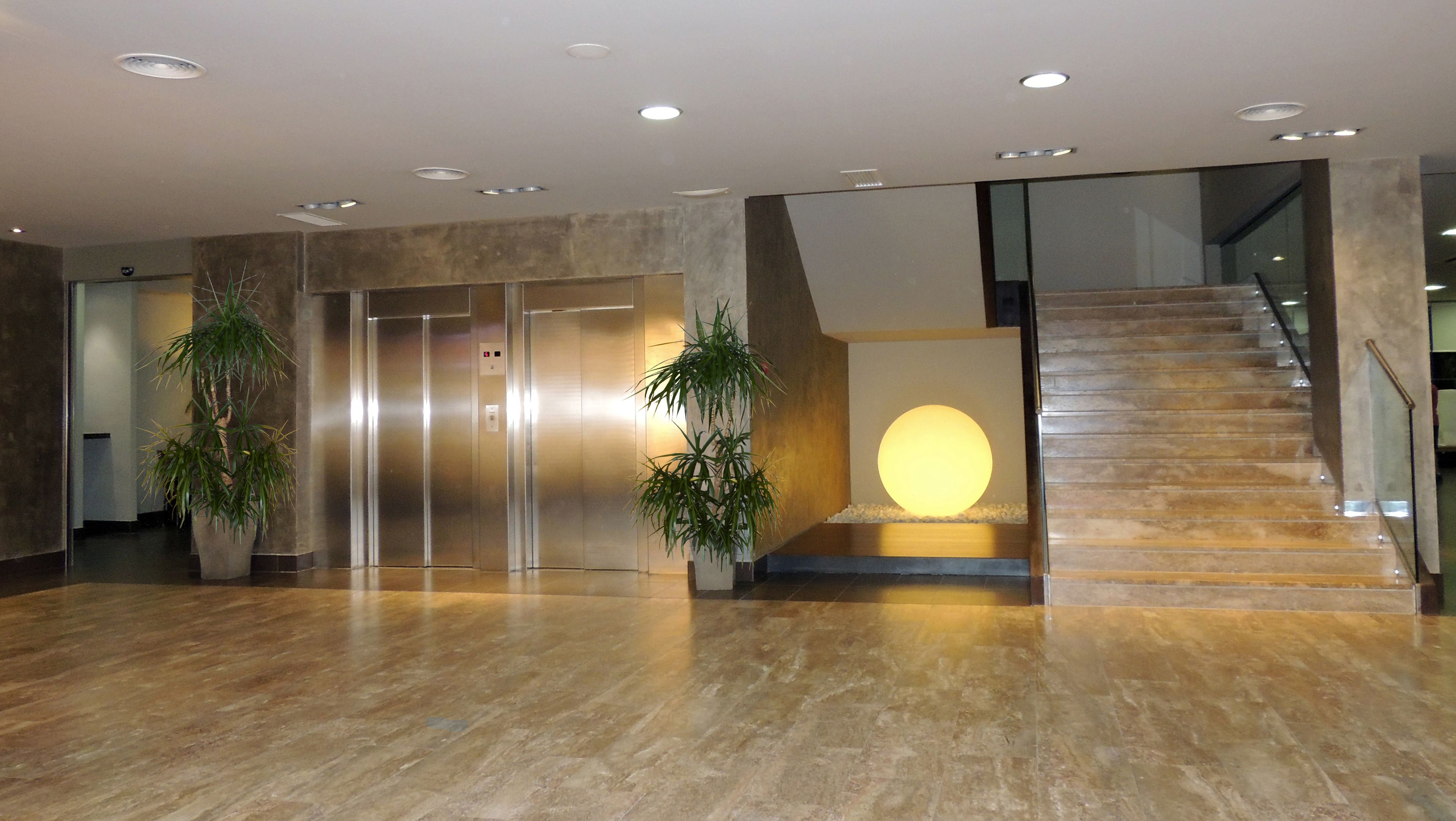 Un hall d’entrée moderne avec un sol en marbre, deux ascenseurs, un escalier et des plantes en pot.