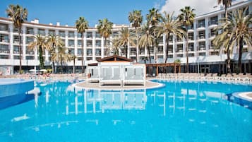 Outdoor pool, pool umbrellas, pool loungers