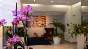 Rebedor amb una taquilla d'entrada, zona de seients i plantes en testos.