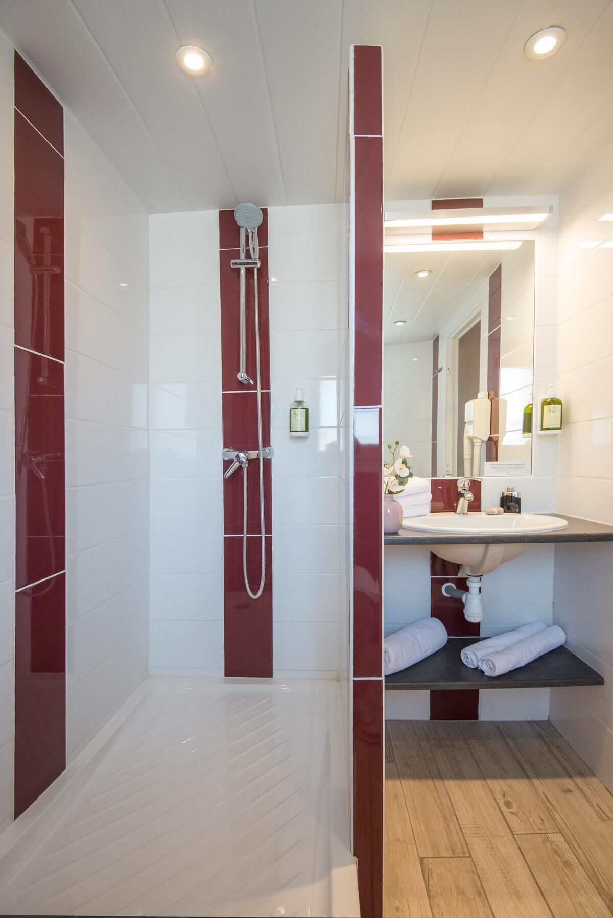 A modern bathroom with a glass-enclosed shower, a vanity with a sink, and a mirror.