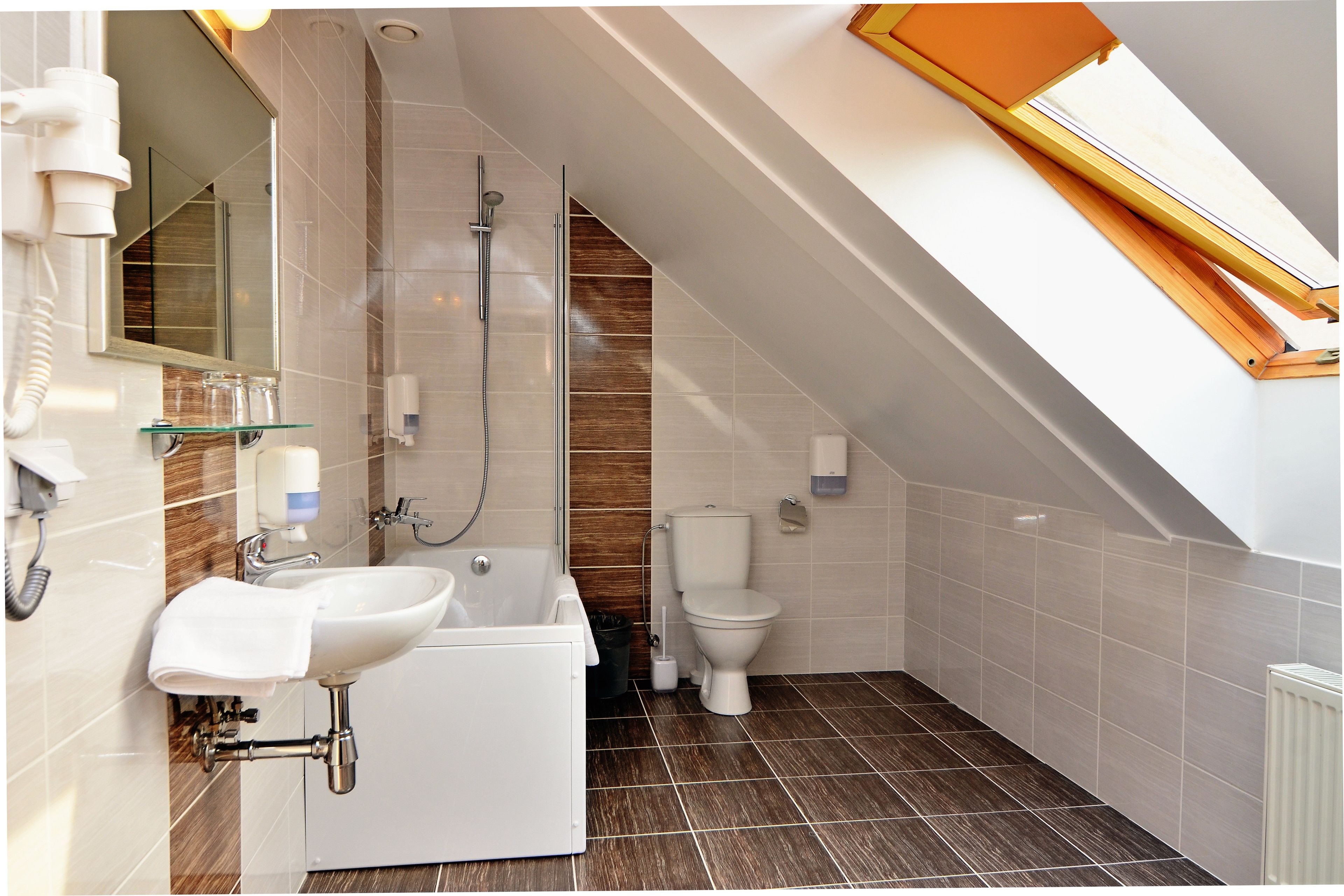 hair dryer, slippers, towels