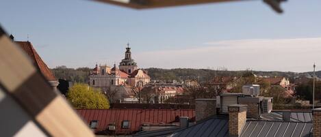 A view of a town with a prominent church and residential buildings.