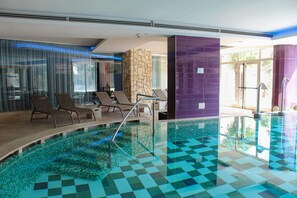 Indoor pool, outdoor pool, pool loungers