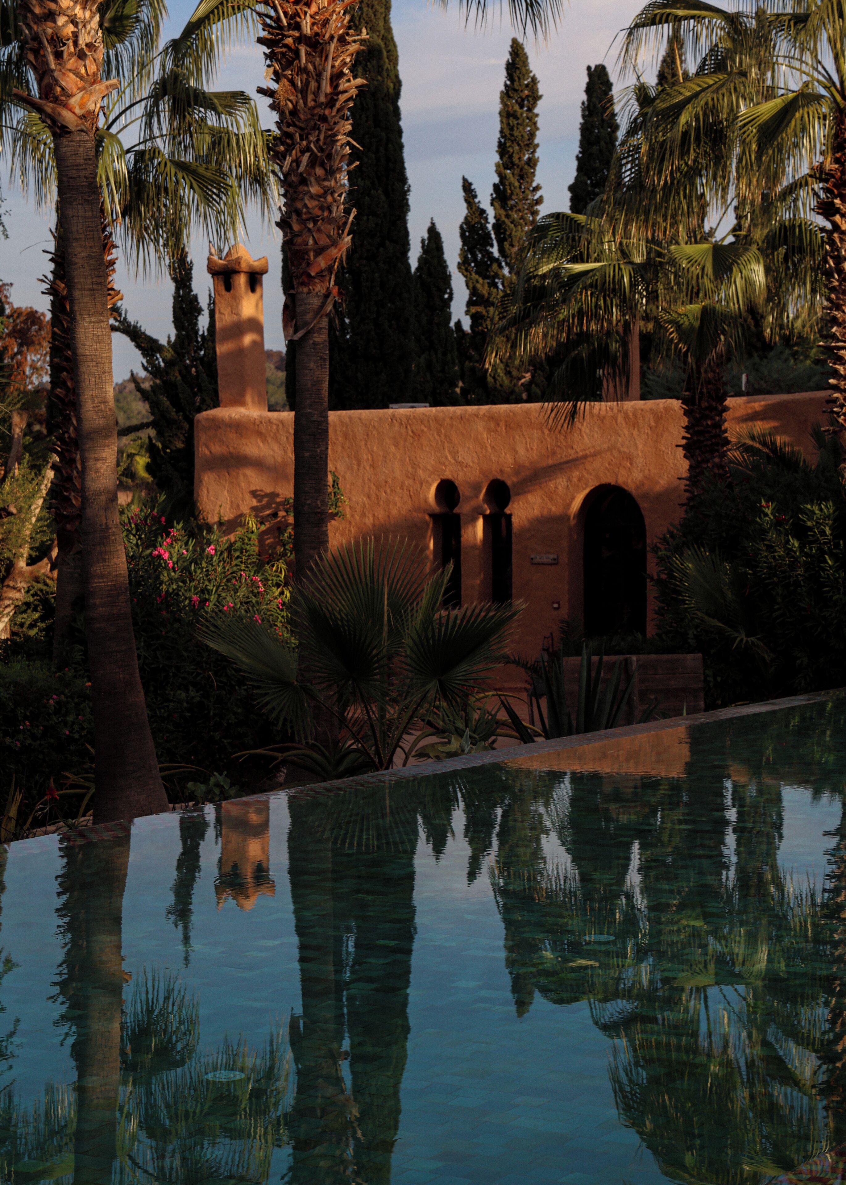 A serene pool area with palm trees and a stone wall.