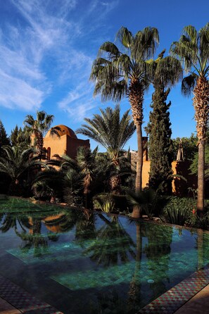 Una piscina con agua cristalina que refleja palmeras y un edificio con cúpula.