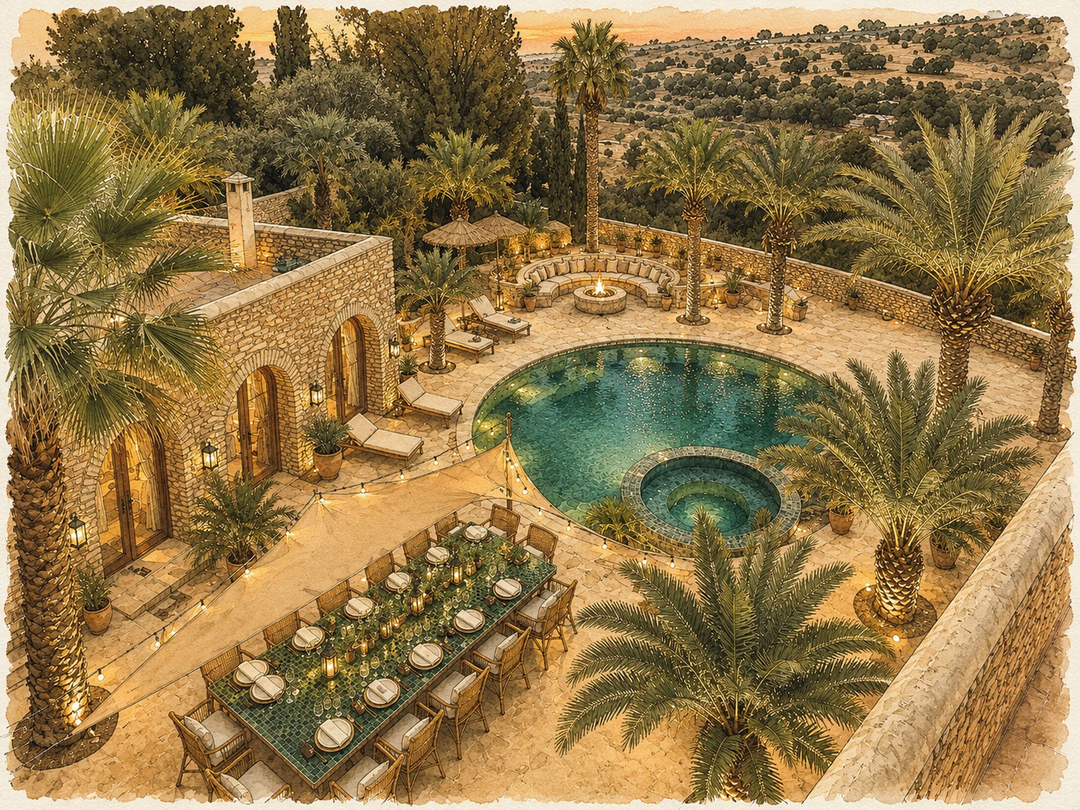 Un espace aménagé au bord de la piscine, comprenant un coin repas, des chaises longues et un bâtiment en pierre.