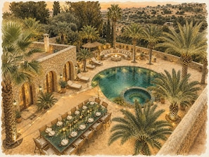 A poolside area with a dining setup, lounge chairs, and a stone building. - Le Jardin Des Douars (Aguerd)