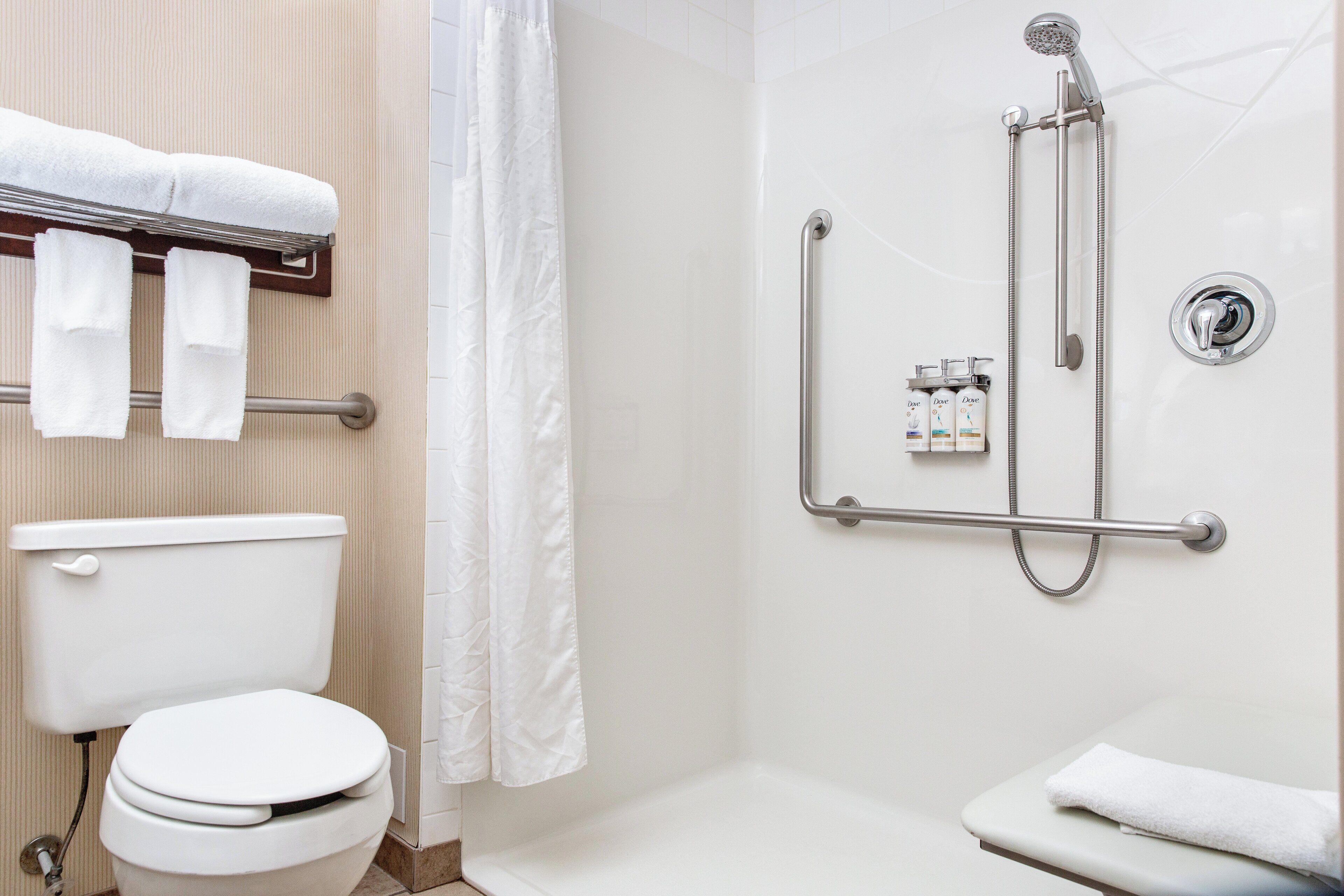 standard room, 1 king bed, mobility accessible (mobility, roll-in shower) | bathroom | hair dryer, towels