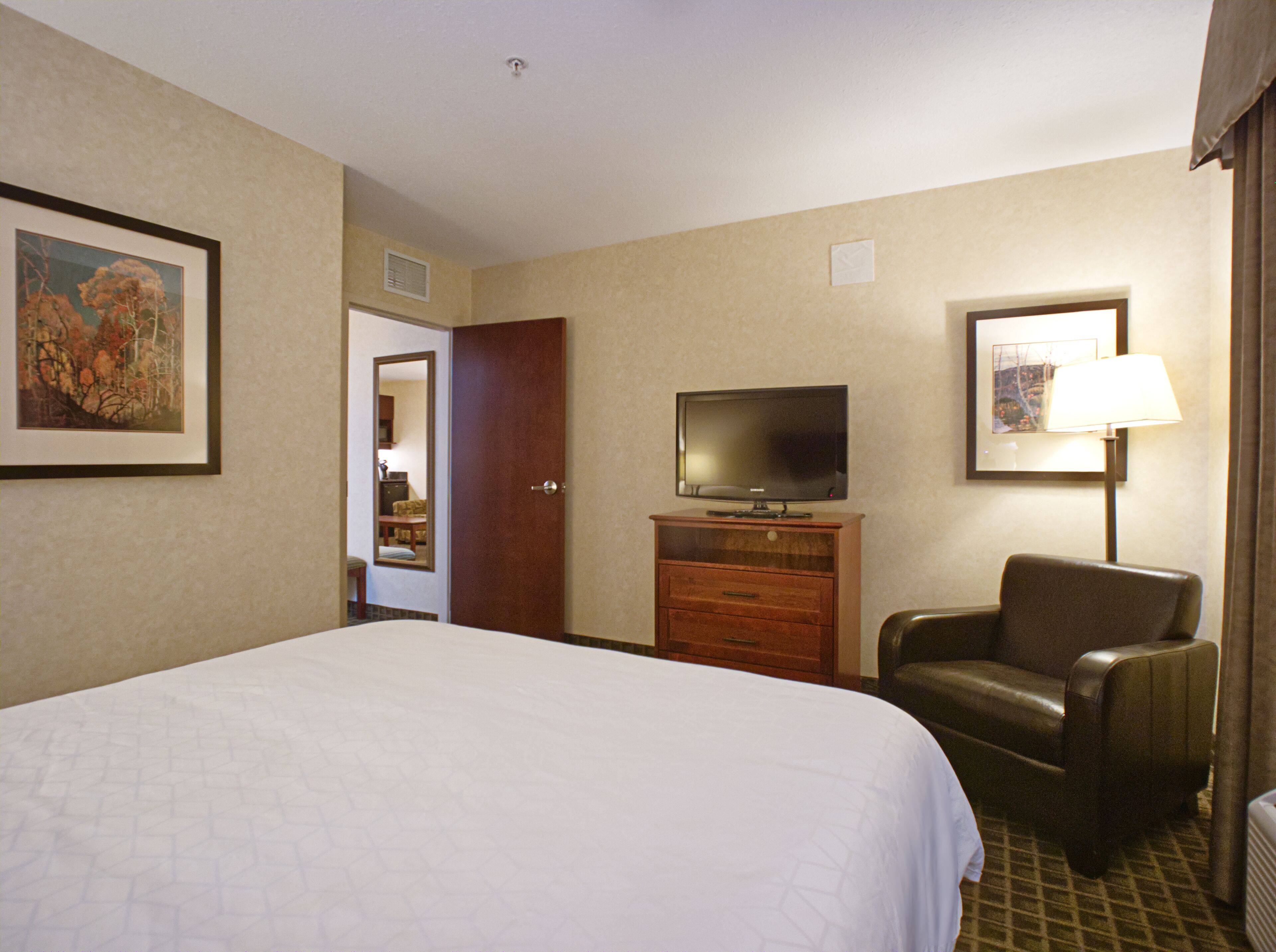 A hotel room with a large bed, a television on a wooden cabinet, a leather armchair, and a lamp.