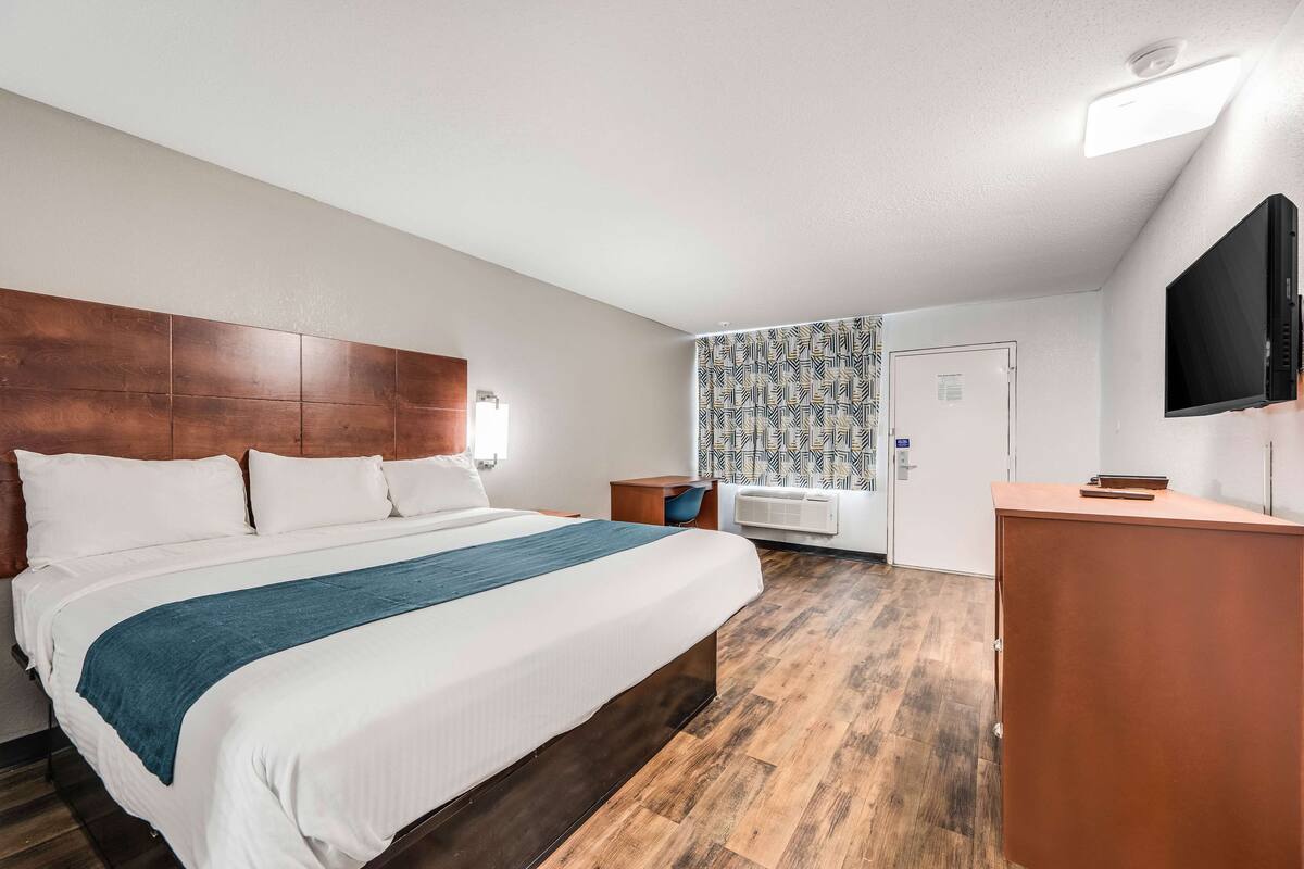 A hotel room with a large bed, a desk, a television, and a patterned wall.
